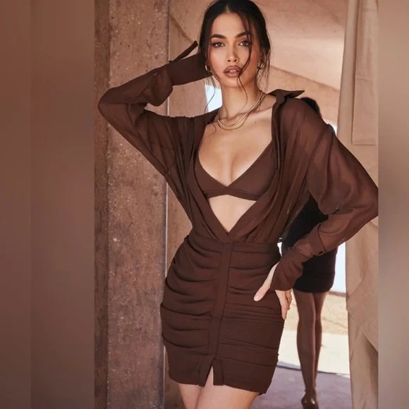 HOUSE of CB Small NWT CLEO Chocolate Chiffon Shirt Dress - Picture 1 of 16